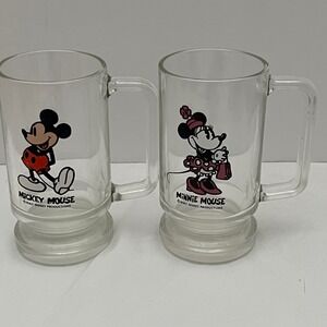 Vintage Disney Mickey & Minnie Mouse Glass Mug Stein Set Walt Disney